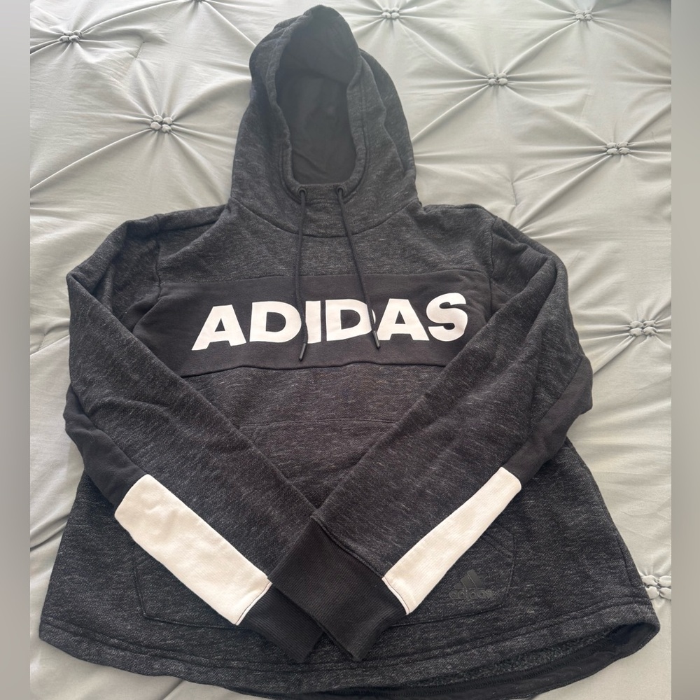 Adidas Black and White Cropped Hoodie Size Small